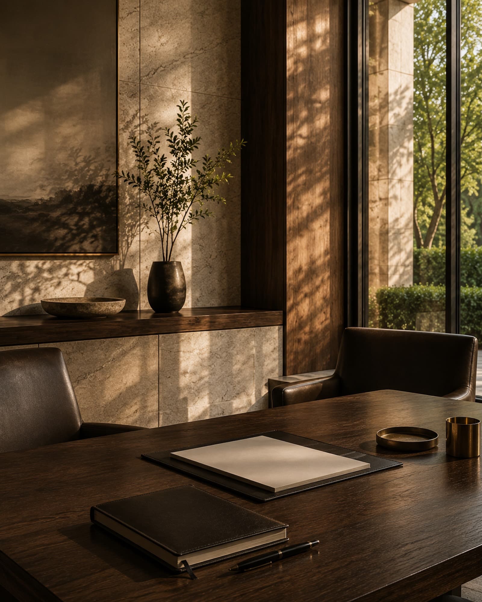 A quiet advisory meeting room with blank planning documents, a notebook, and warm architectural light
