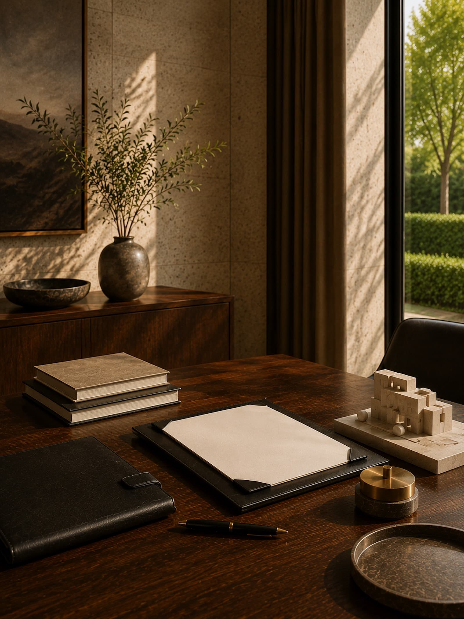 A warm business owner planning table with blank documents, a pen, portfolio, and natural architectural light
