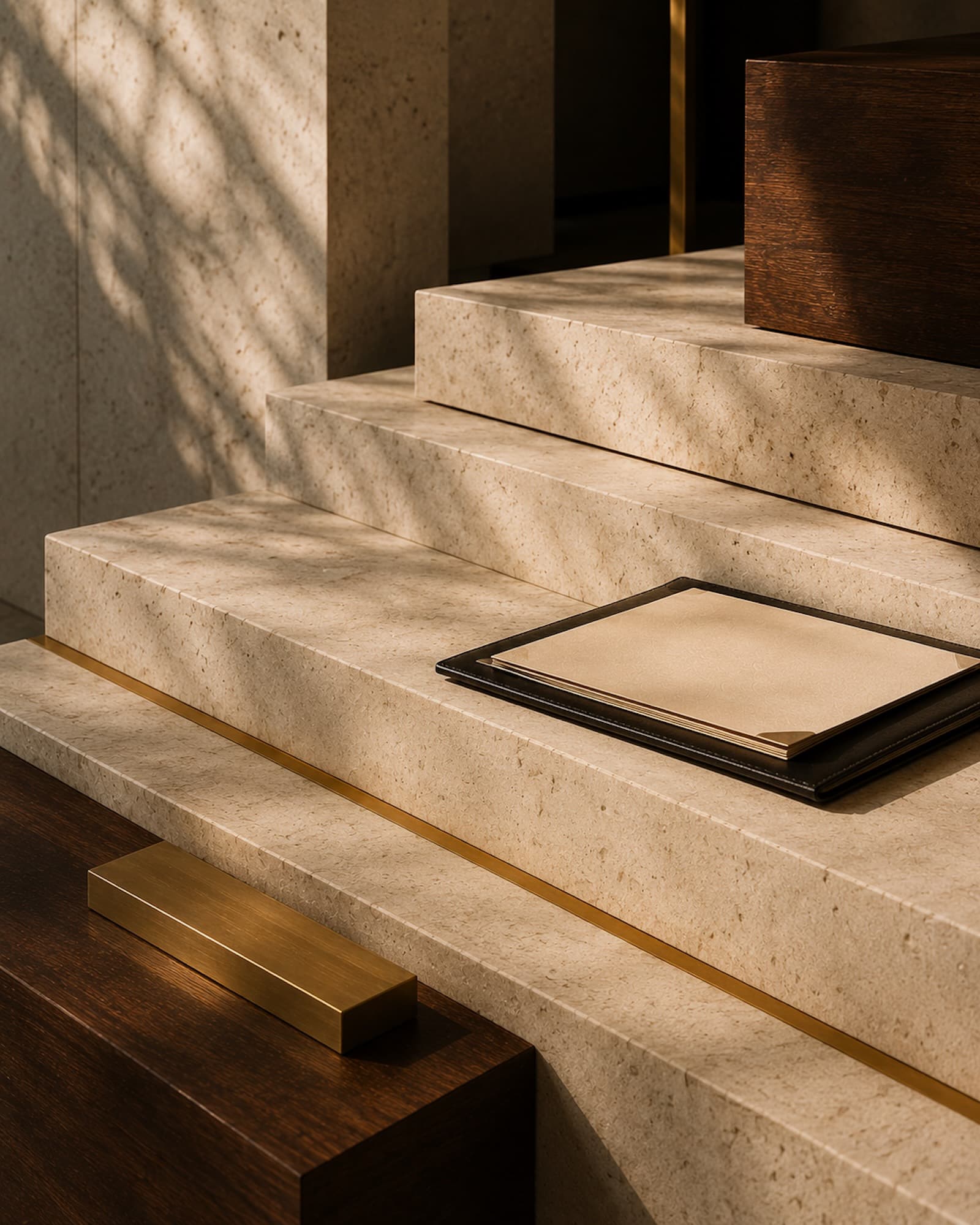 An architectural still life of warm stone steps, brass detail, walnut blocks, and a blank portfolio in natural light