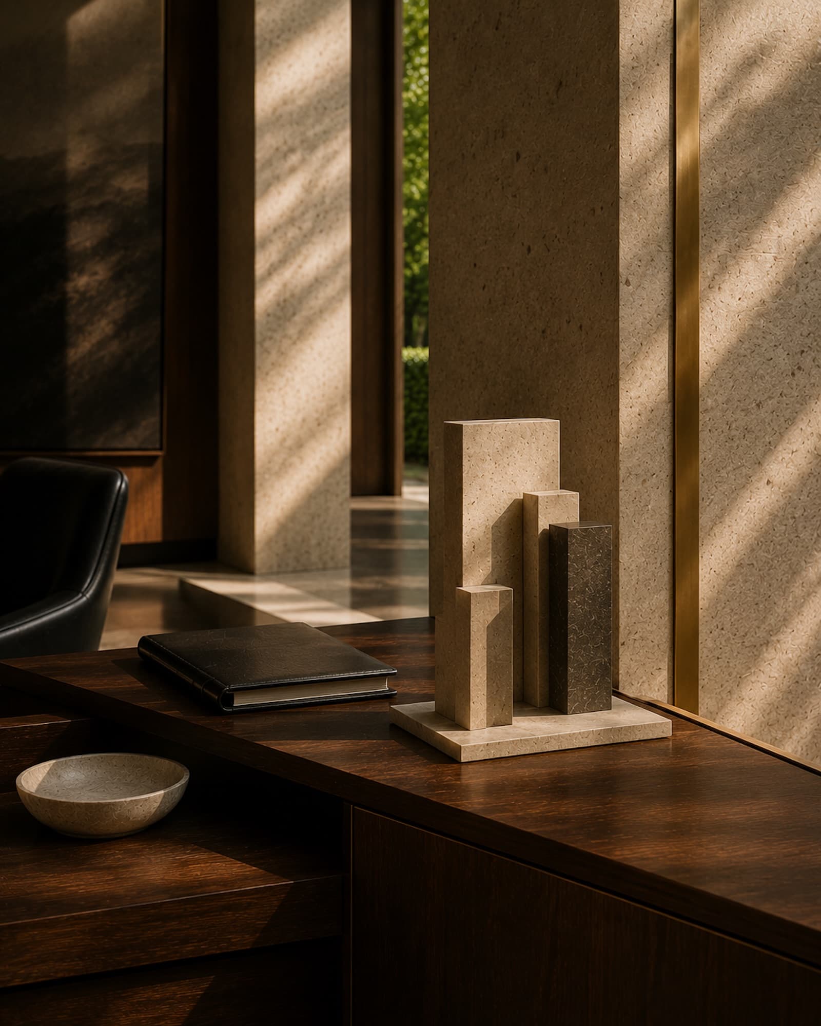 An architectural business services still life with layered walnut, ivory stone, brass detail, and natural directional light