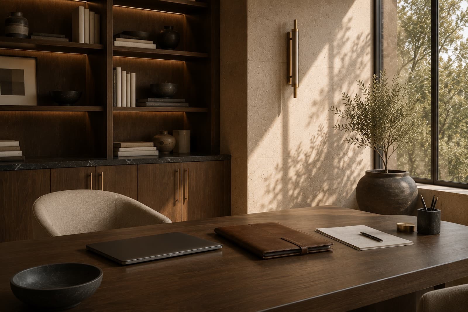 Warm architectural library and consultation room with sunlight, bookshelves, and a conference table