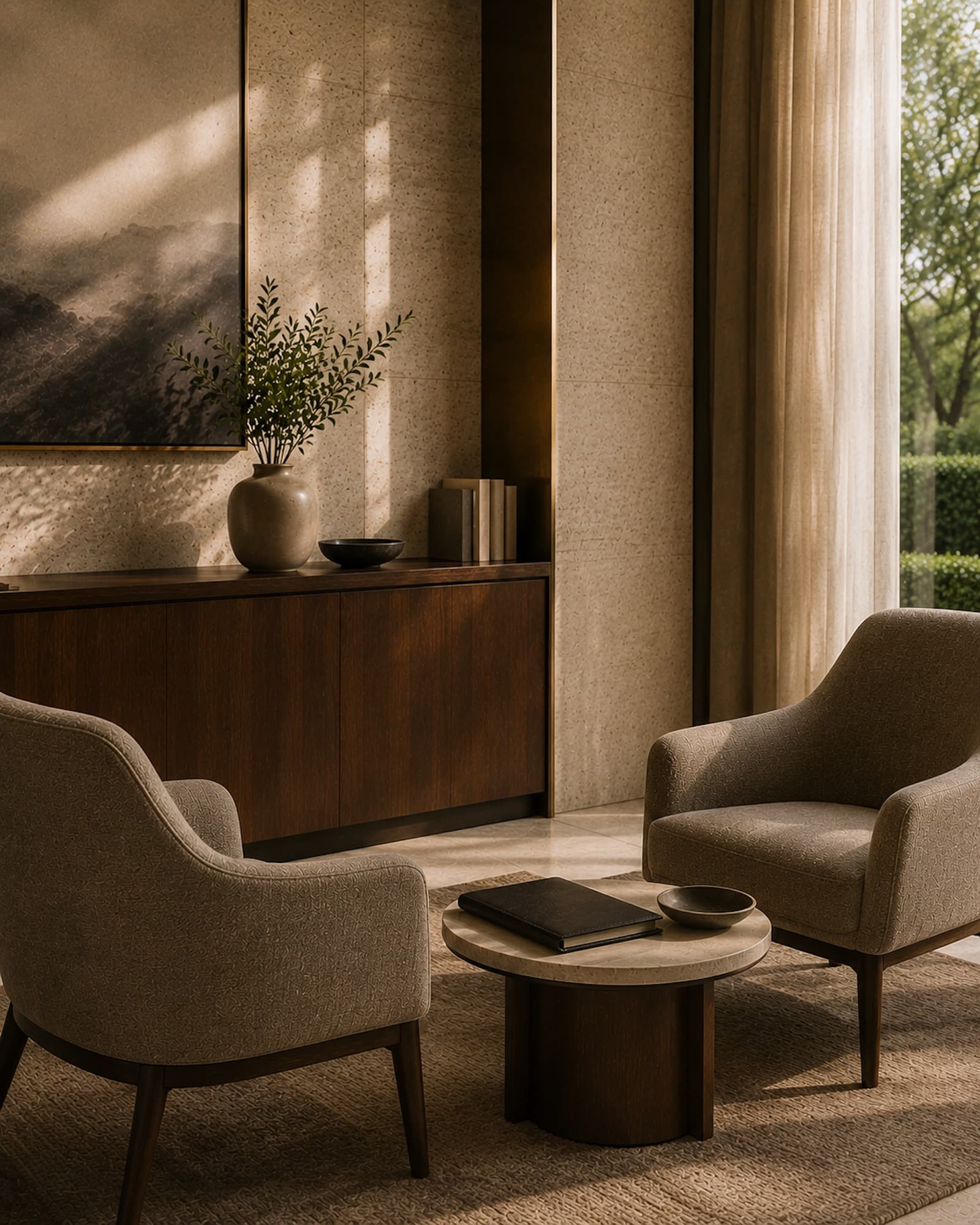A calm advisory room with refined chairs, a small table, warm architectural materials, and natural light