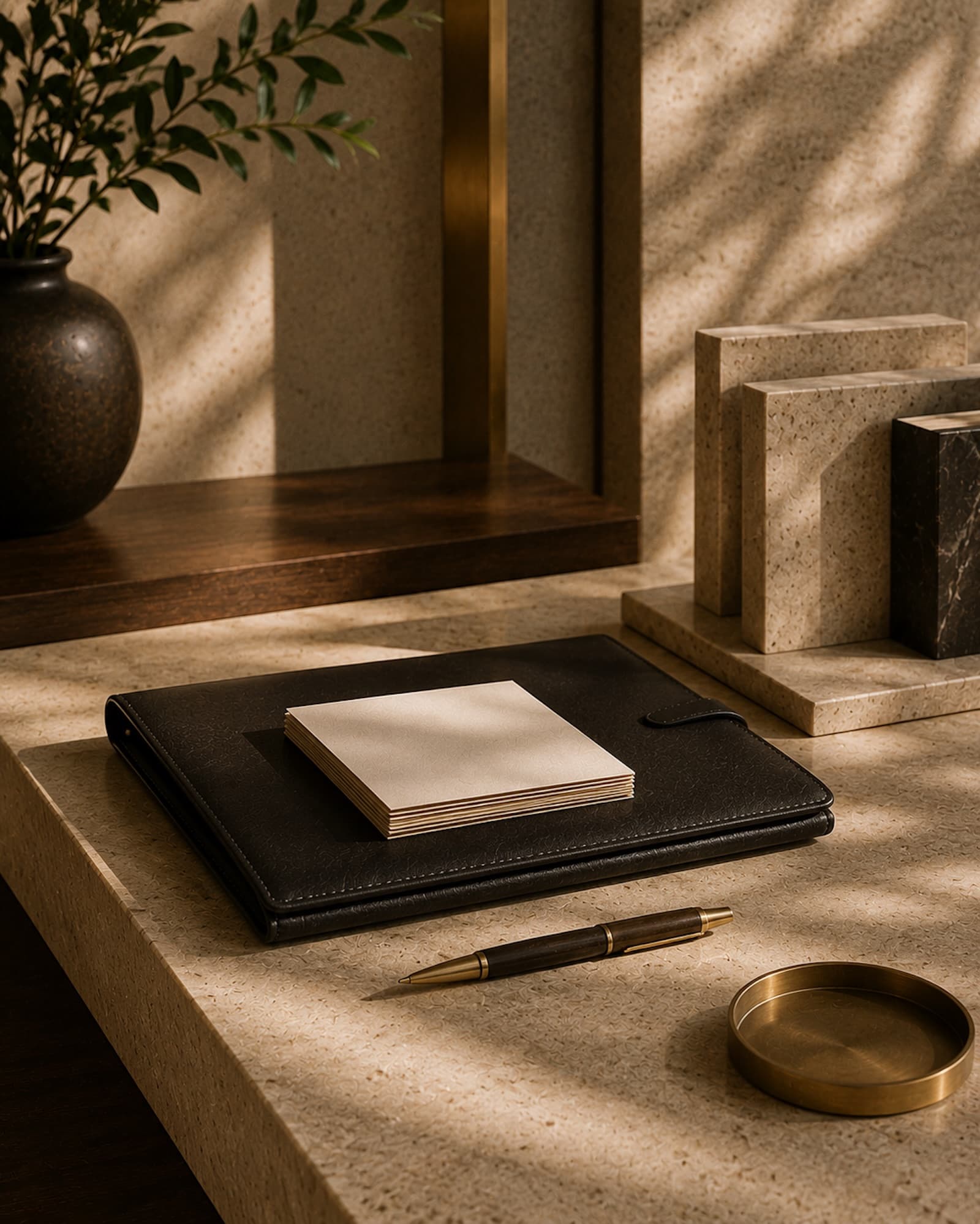 An organized advisory surface with a closed folio, blank planning cards, a pen, and warm architectural materials
