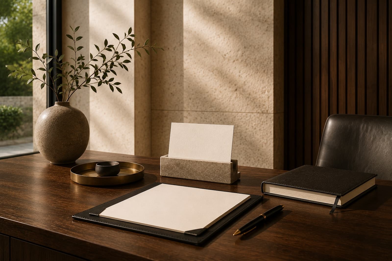 A warm advisory desk with blank correspondence cards, a pen, stone tray, and natural architectural light