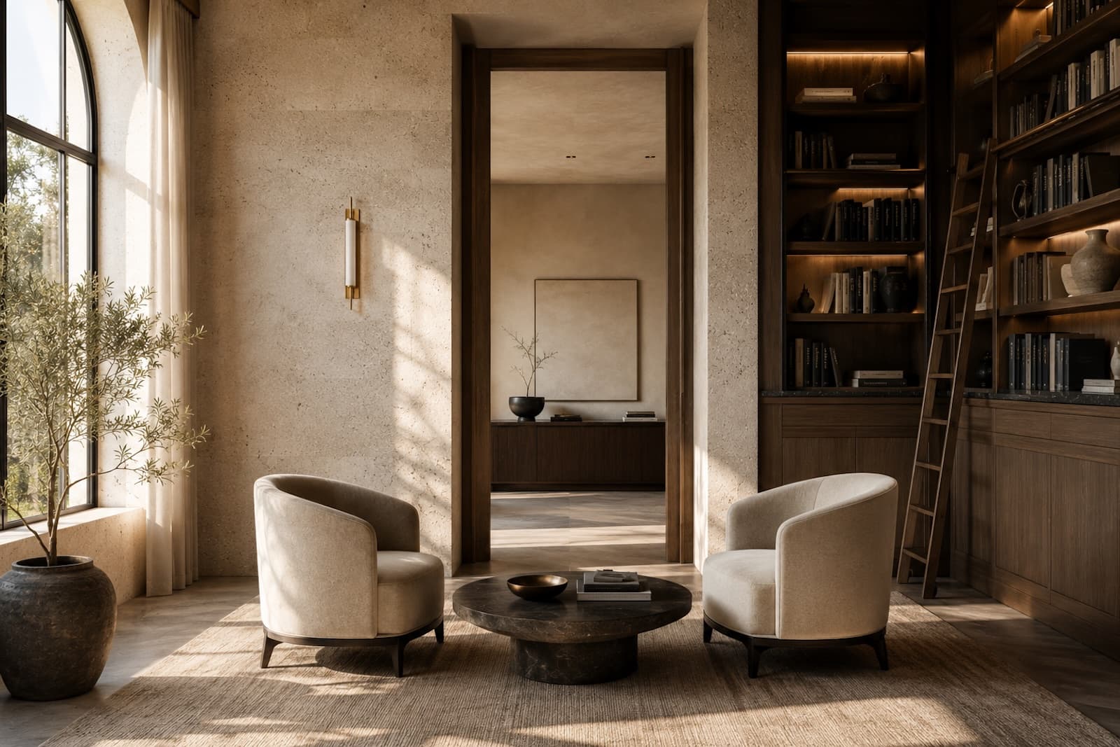 Warm advisory library with bookshelves, two chairs, and natural light