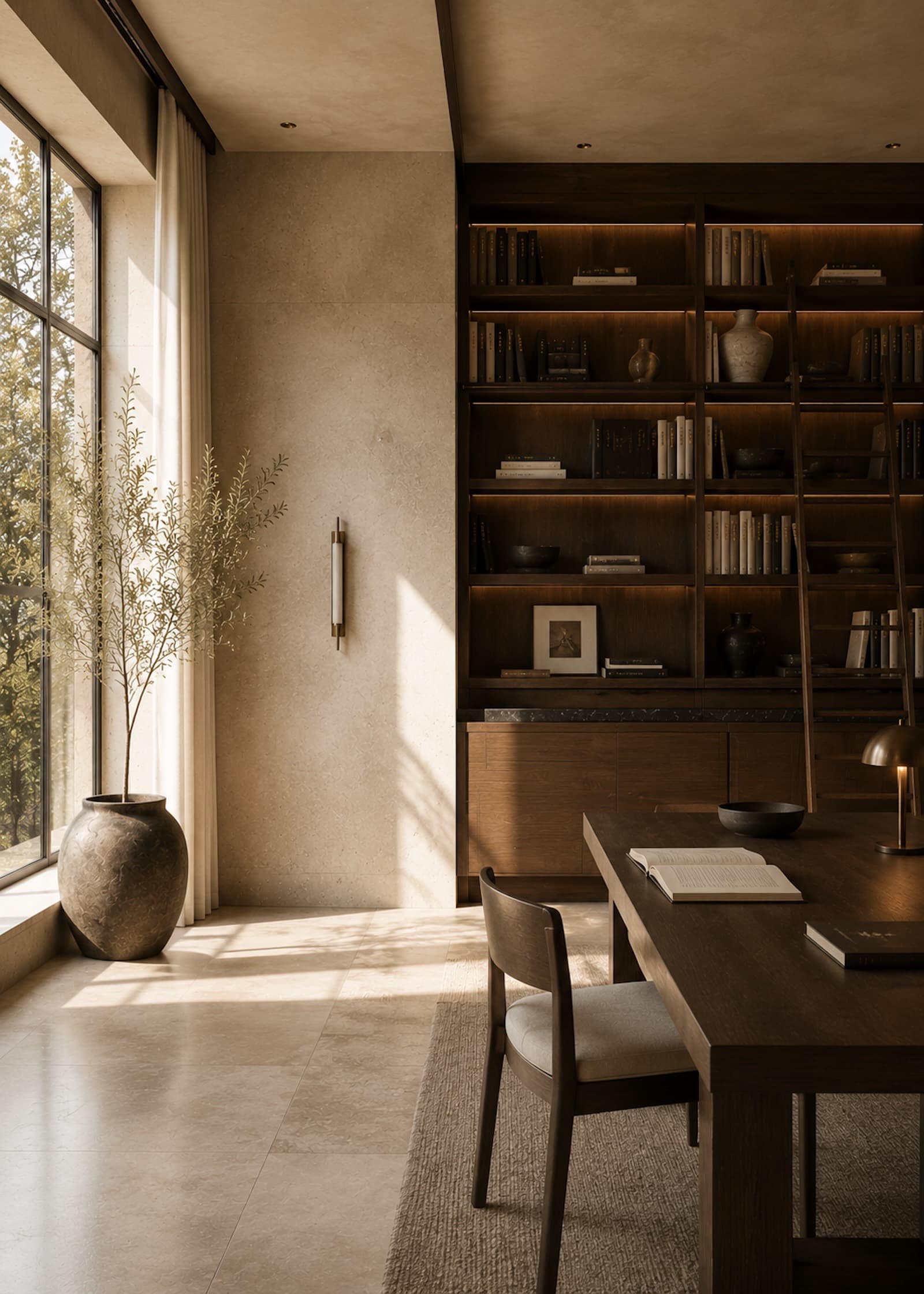 Warm architectural advisory library with shelves, natural light, and an open book