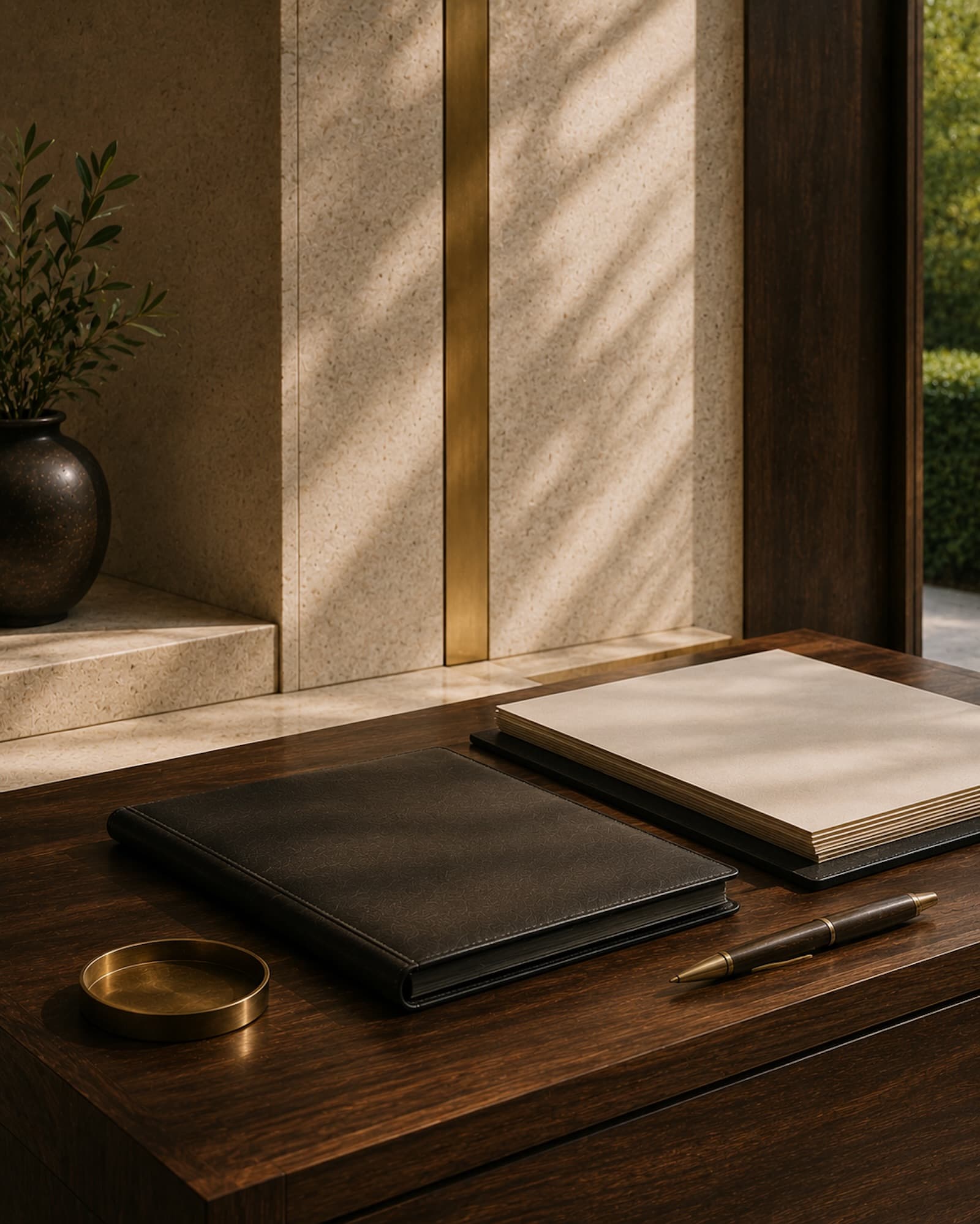 A refined disclosure folio with blank documents, a pen, warm stone, walnut, and muted brass details
