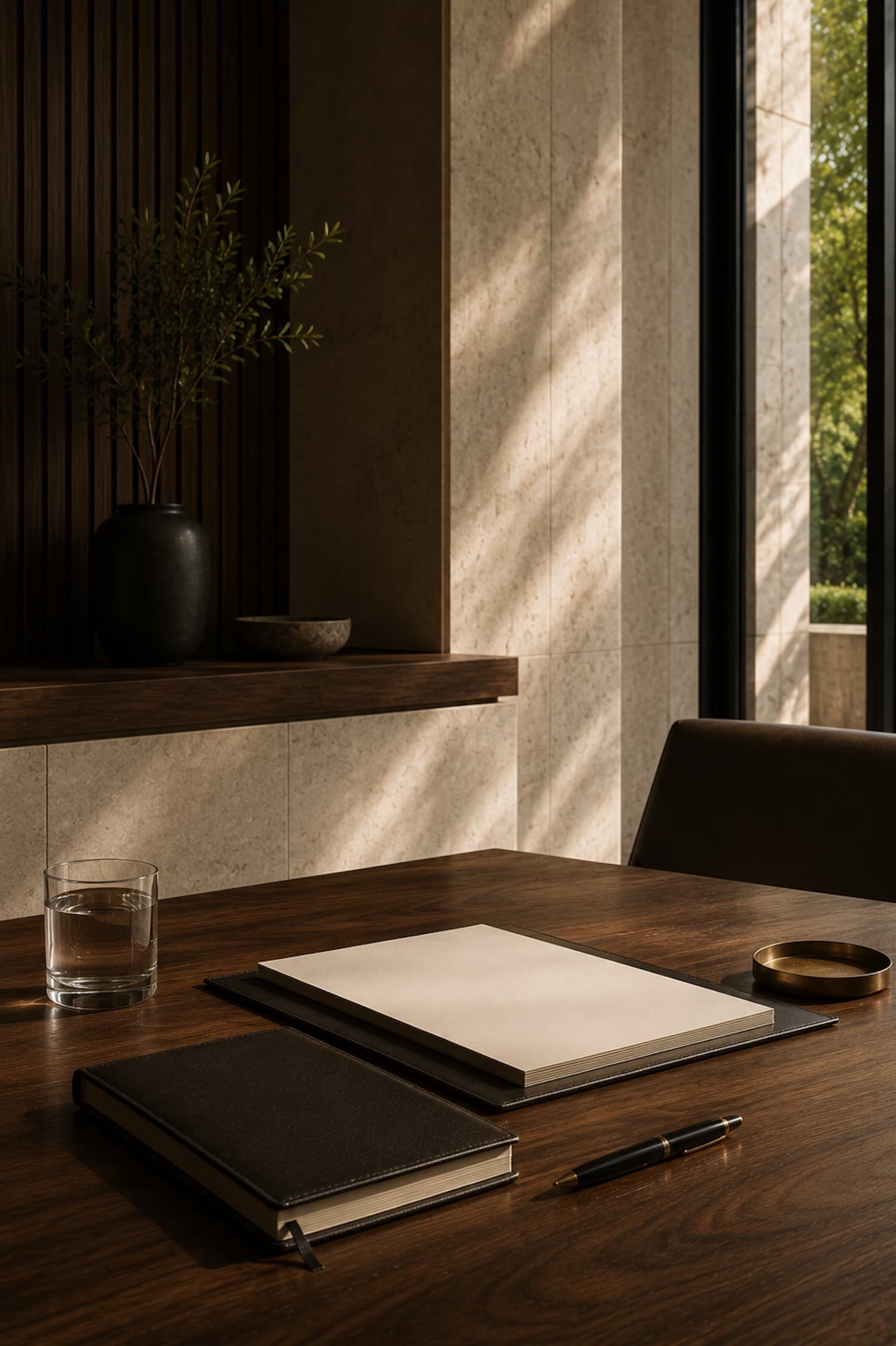 A quiet advisory table with blank planning documents, a notebook, and warm architectural light