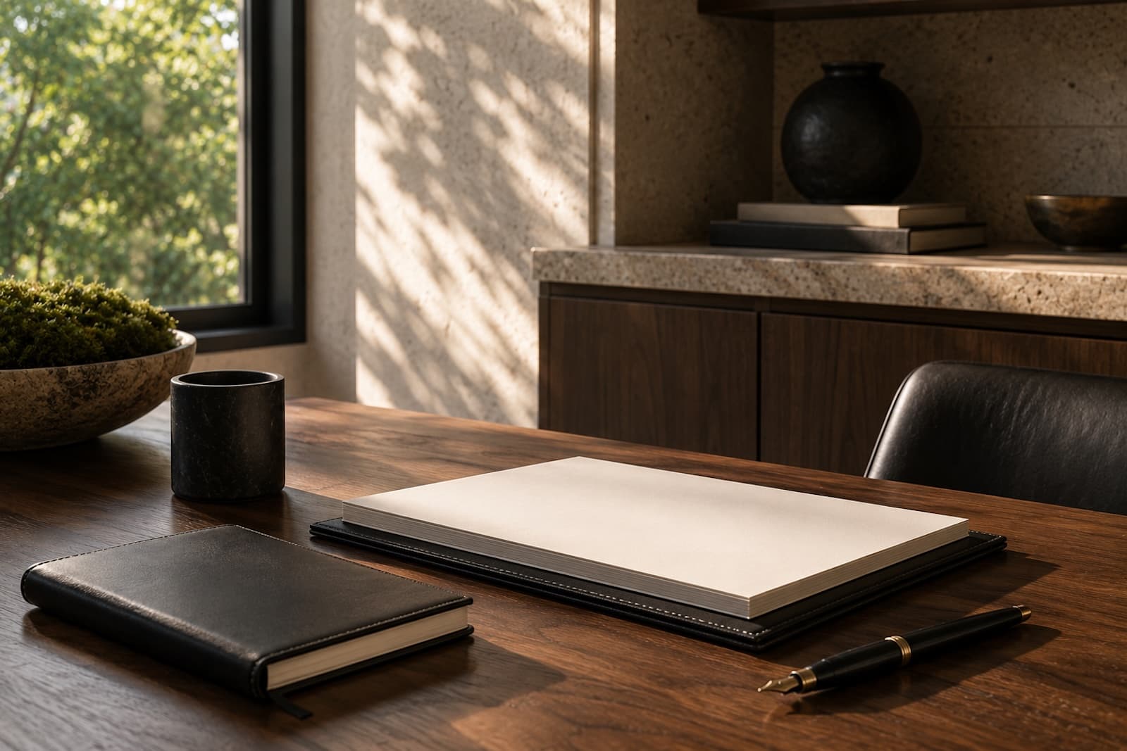 A quiet planning workspace with blank documents, a notebook, and a pen on a warm wood desk