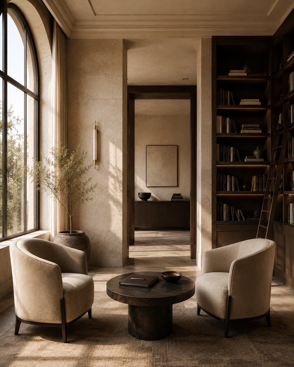 Quiet advisory library with two chairs and warm architectural light
