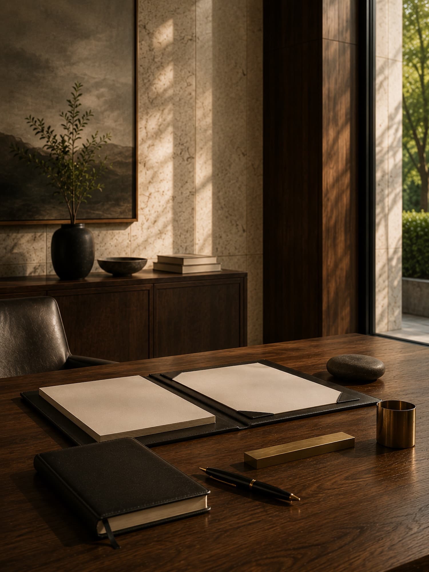 A quiet investment review table with blank documents, a brass ruler, a notebook, and warm architectural light