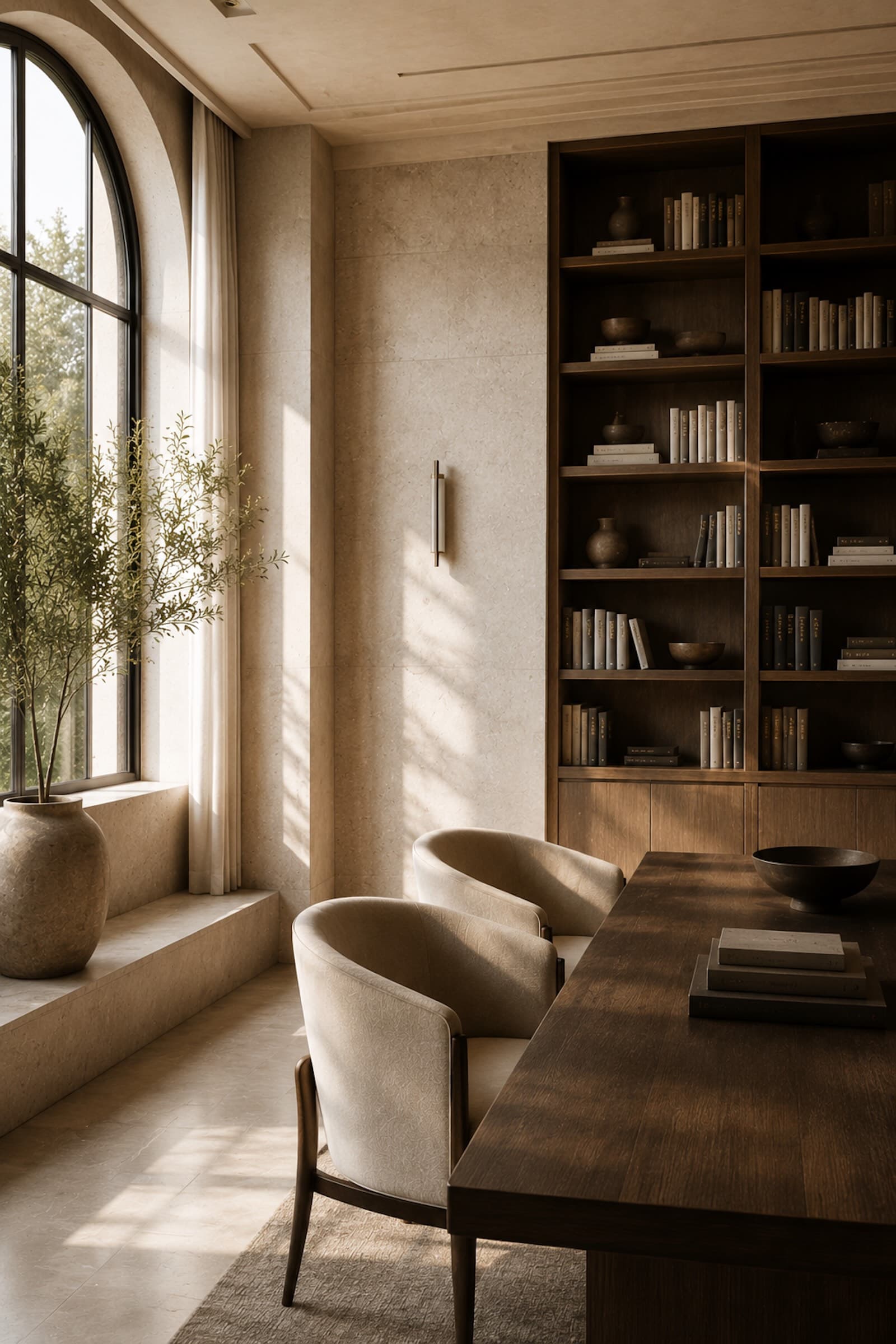 Refined architectural library detail with quiet natural light