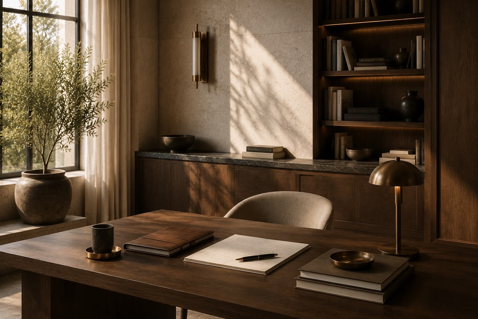 Warm architectural study with an open notebook, pen, and planning materials on a wooden desk