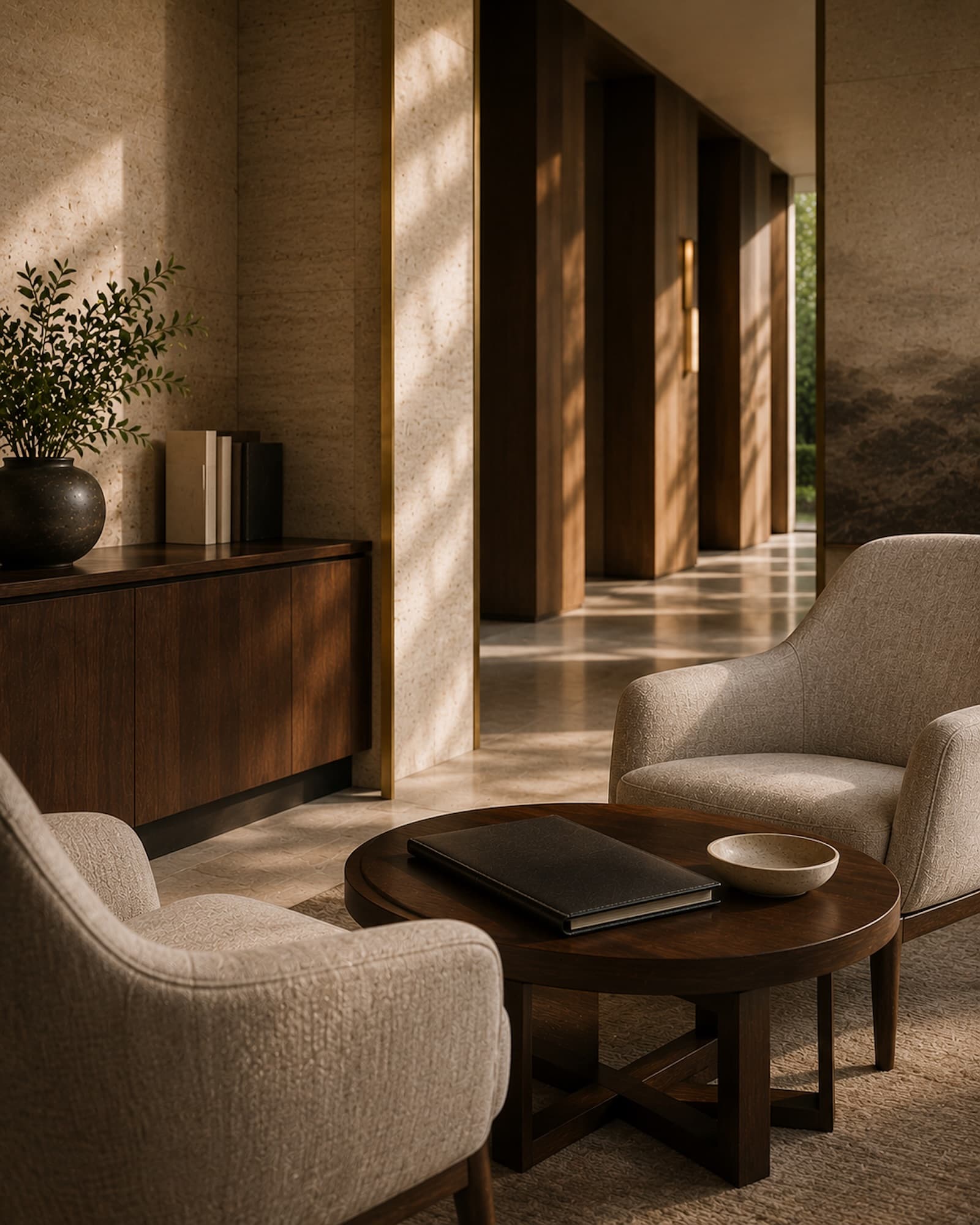 A quiet workplace advisory interior with warm architectural materials, empty chairs, and natural directional light