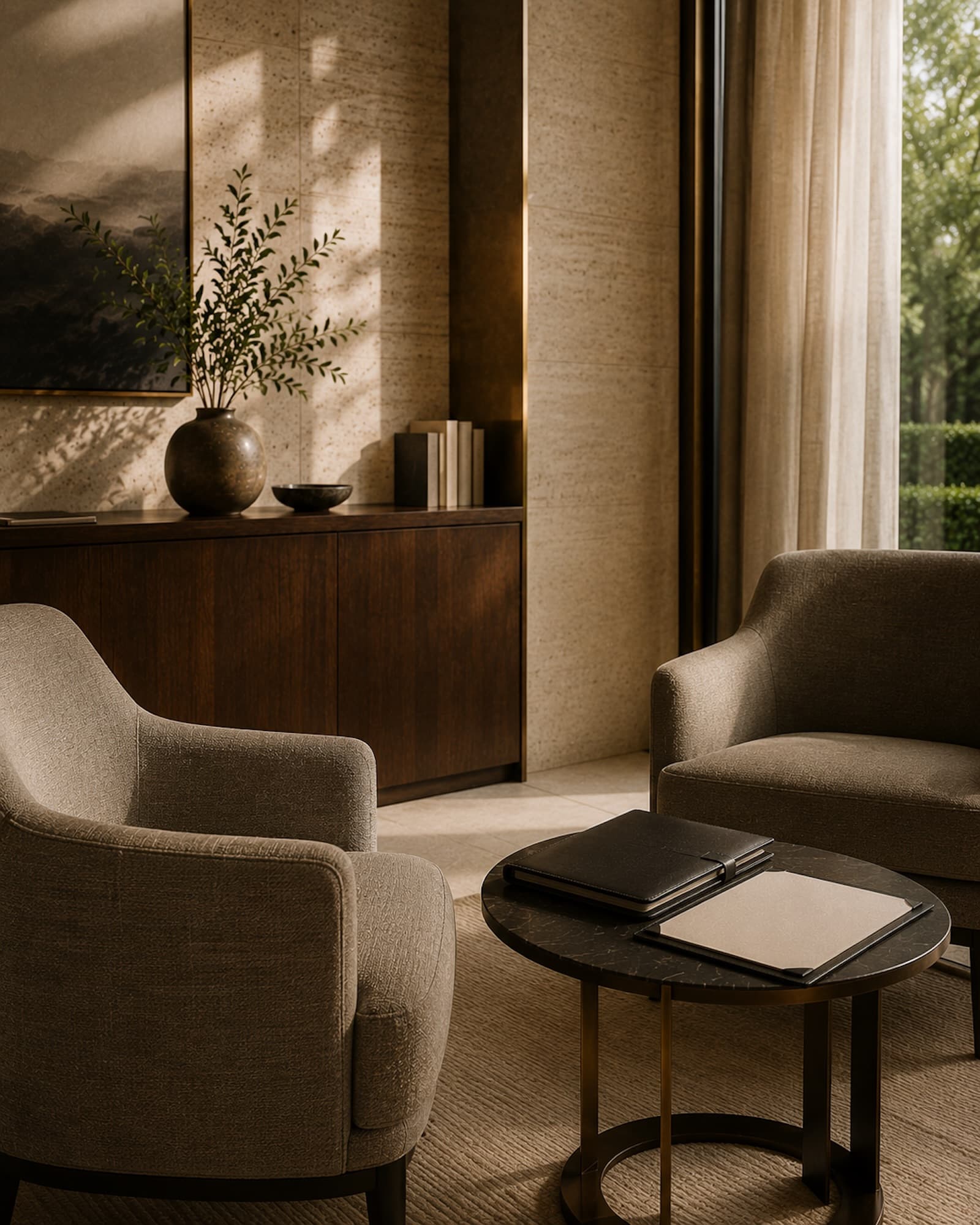 A quiet private advisory interior with comfortable chairs, warm architectural materials, and natural window light