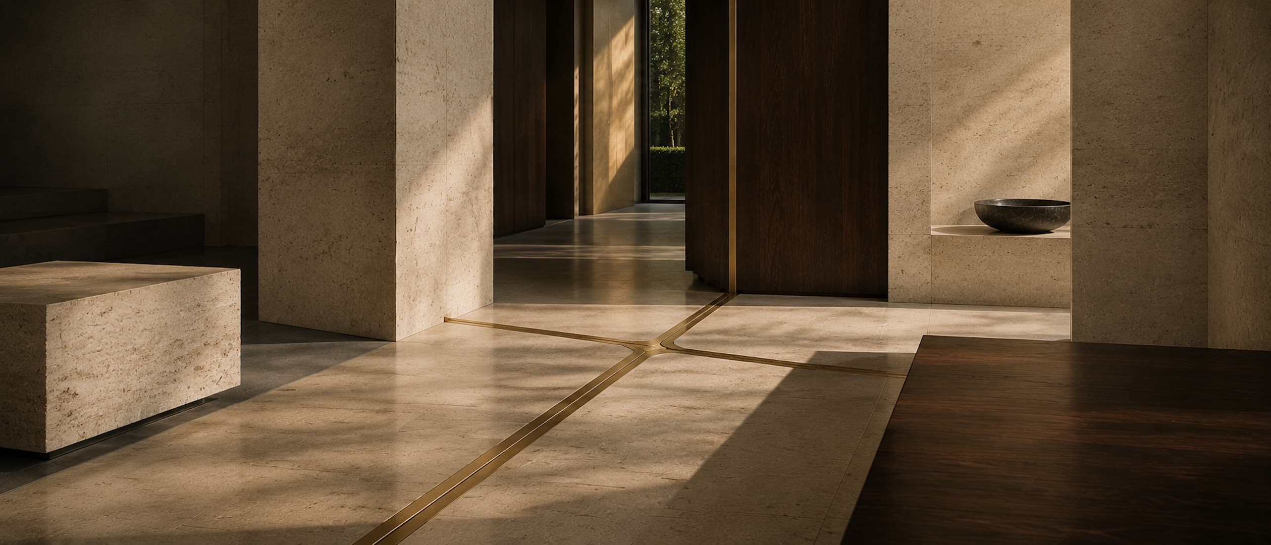 A warm architectural interior with layered stone pathways, walnut surfaces, and brass detail in natural light