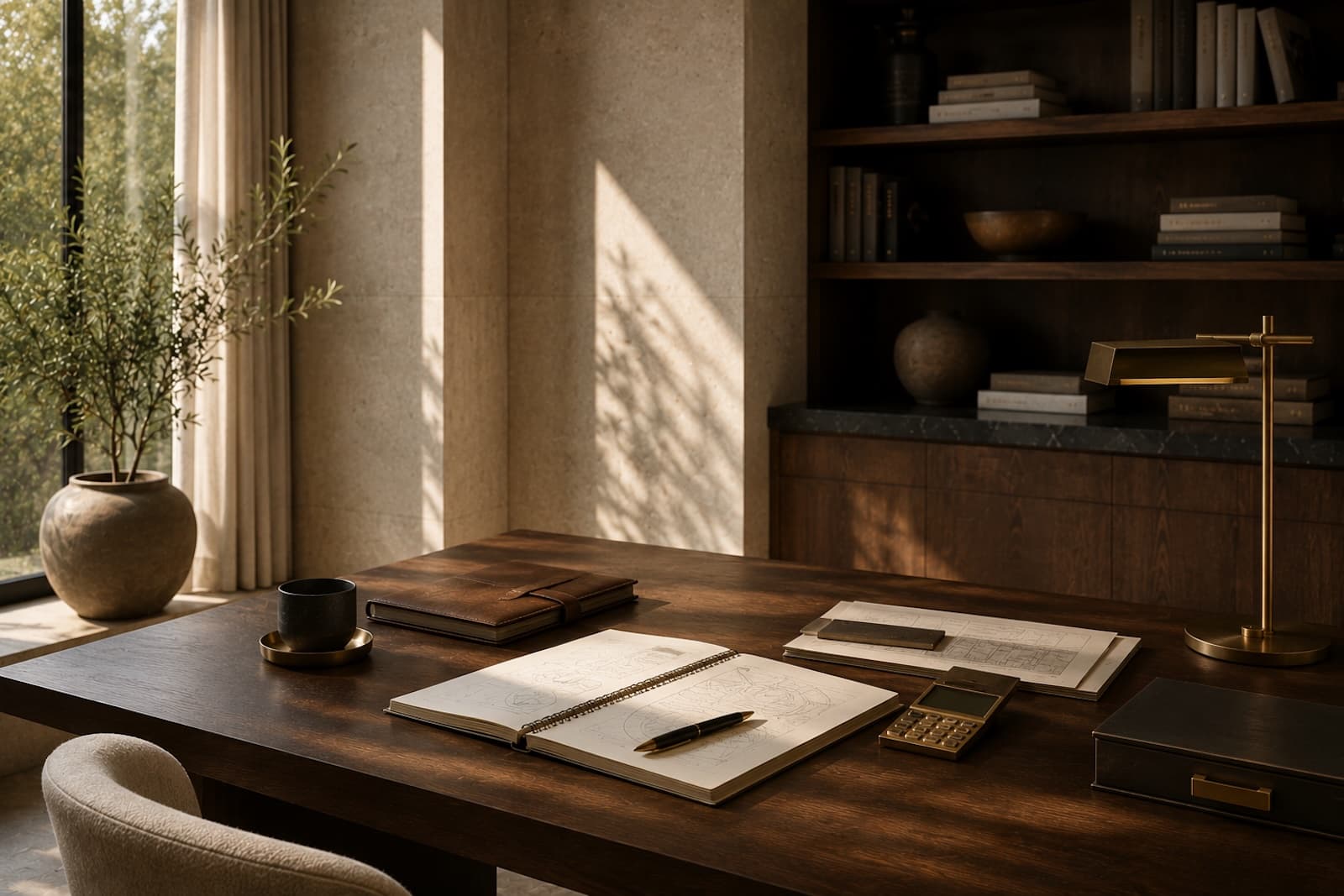 Warm advisory desk with planning documents, notebook, calculator, and architectural light