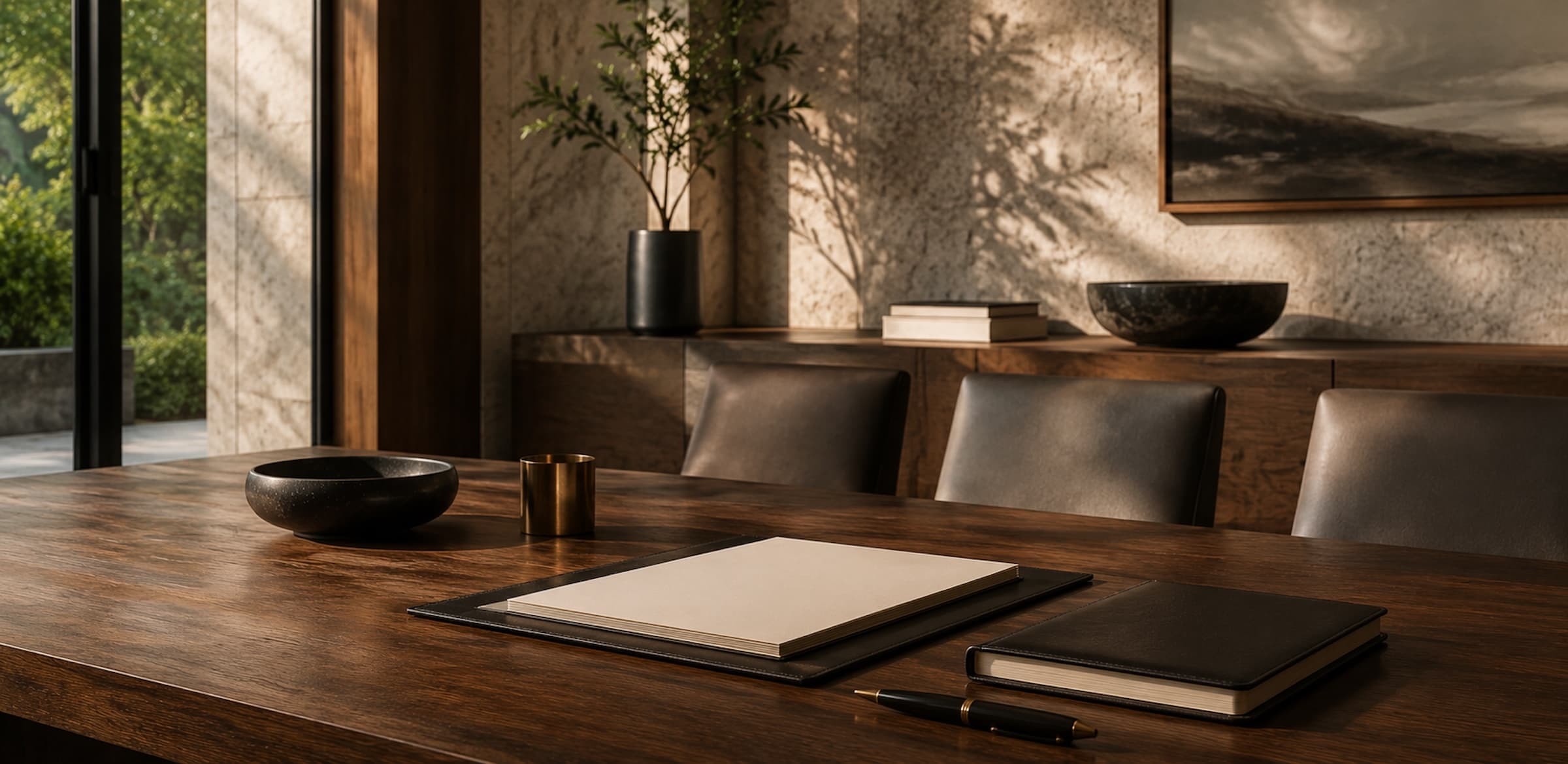 A quiet advisory workspace with blank planning documents, a notebook, and a pen on a warm wood table