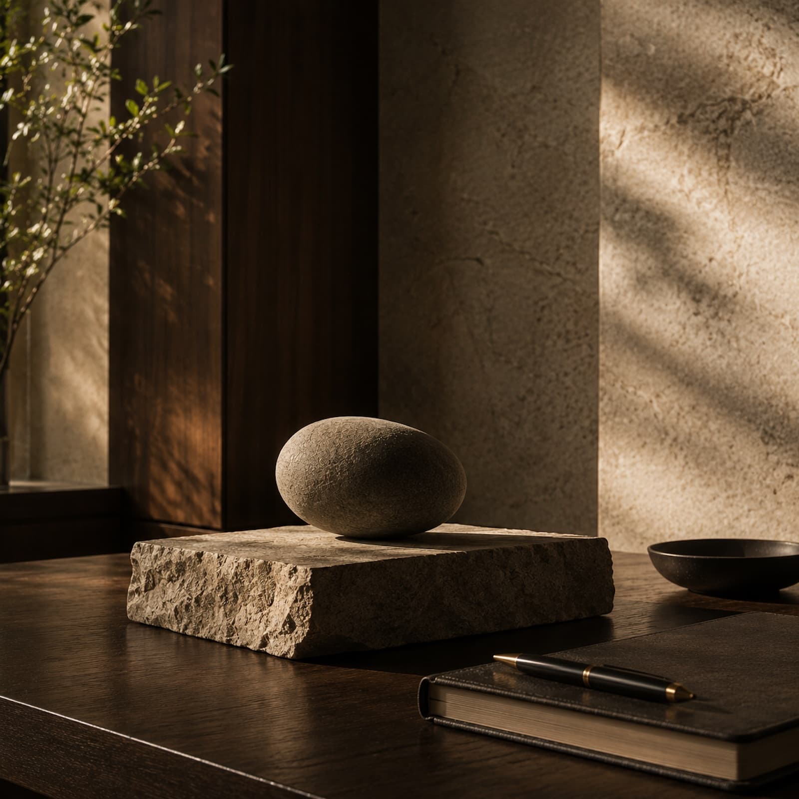 A balanced stone object beside a notebook and pen in warm architectural light